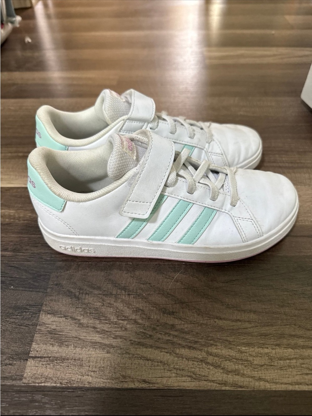 adidas Kids White Sneakers with Mint Trim